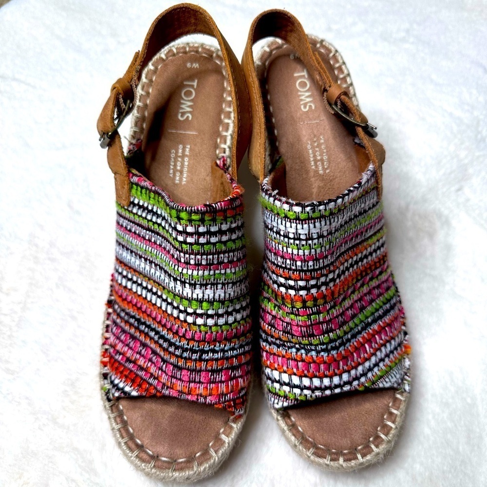Toms Women's Monica Wedge Sandals Striped Global Woven Jute Espadrilles.